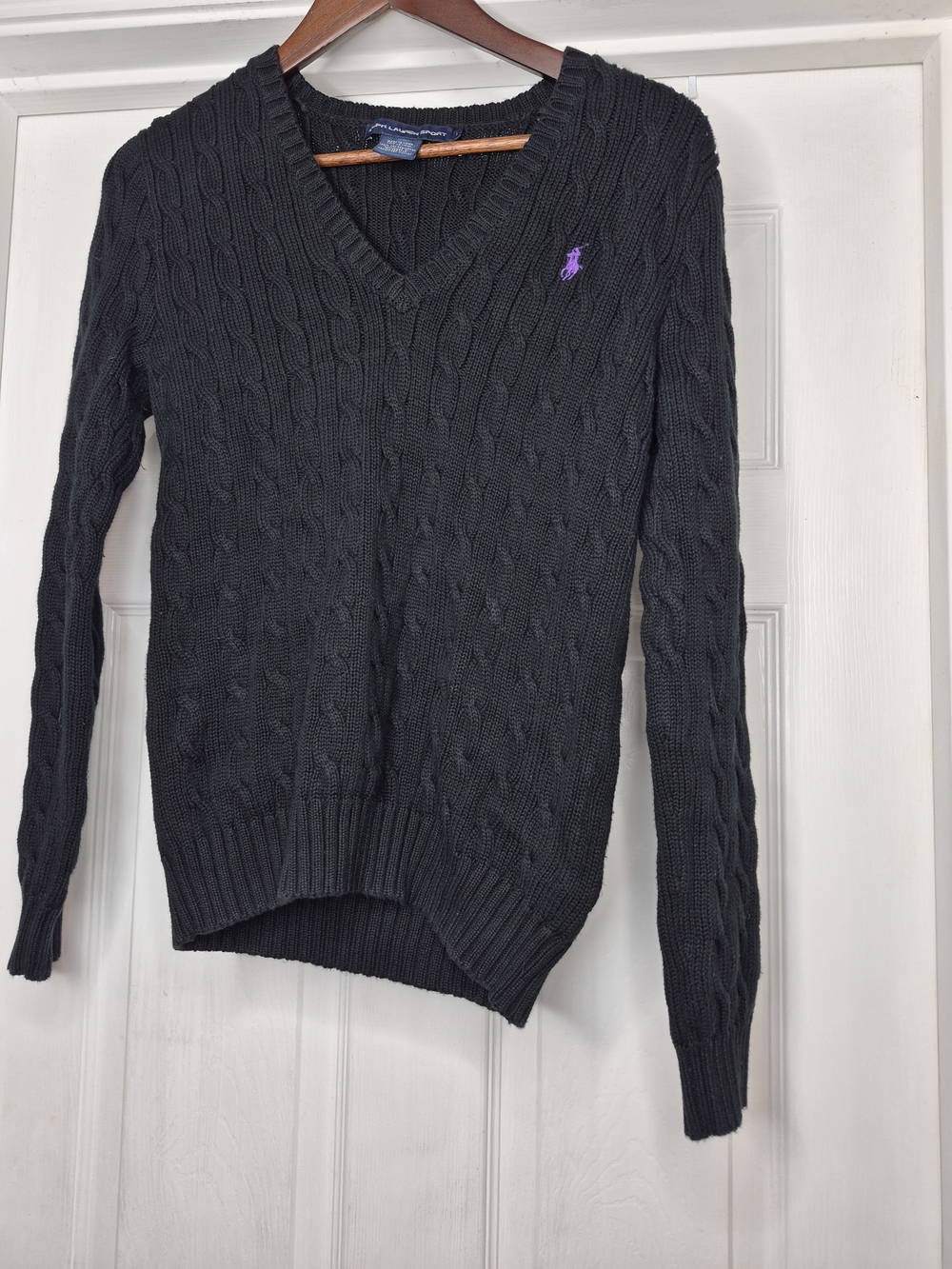 Ralph Lauren Sport Black Knit V-Neck Sweater with Purple Pony Large